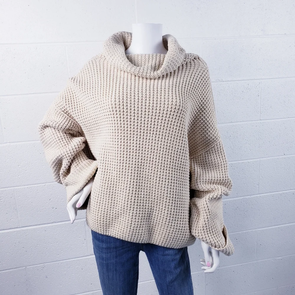 Free People Park City Pullover Sweater Chunky Knit‎ Turtleneck Ivory Size Large
